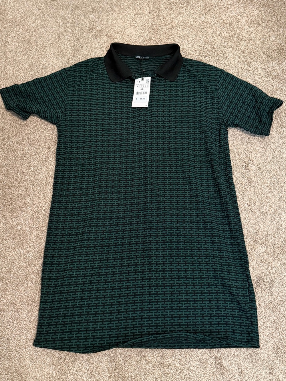 Zara Green Patterned Polo with Black Collar